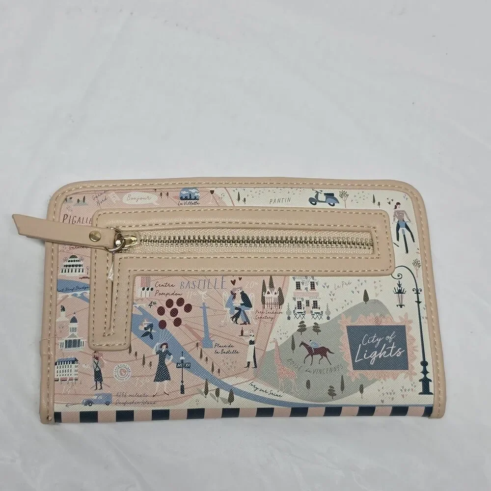 Spartina 449 Paris Map Snap Wallet Beige Blush Pink Faux Leather Travel Eiffel